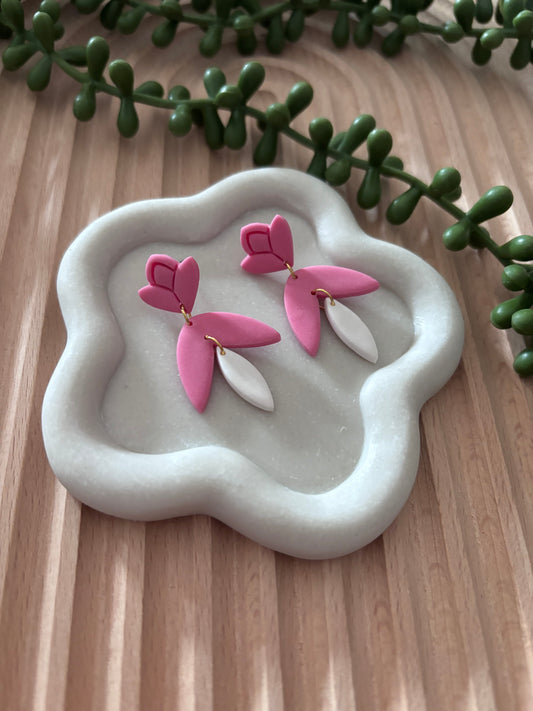 Pink and white floral drop earring
