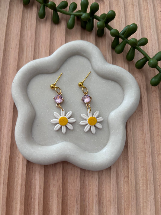 Daisy earrings with pink rhinestone charm